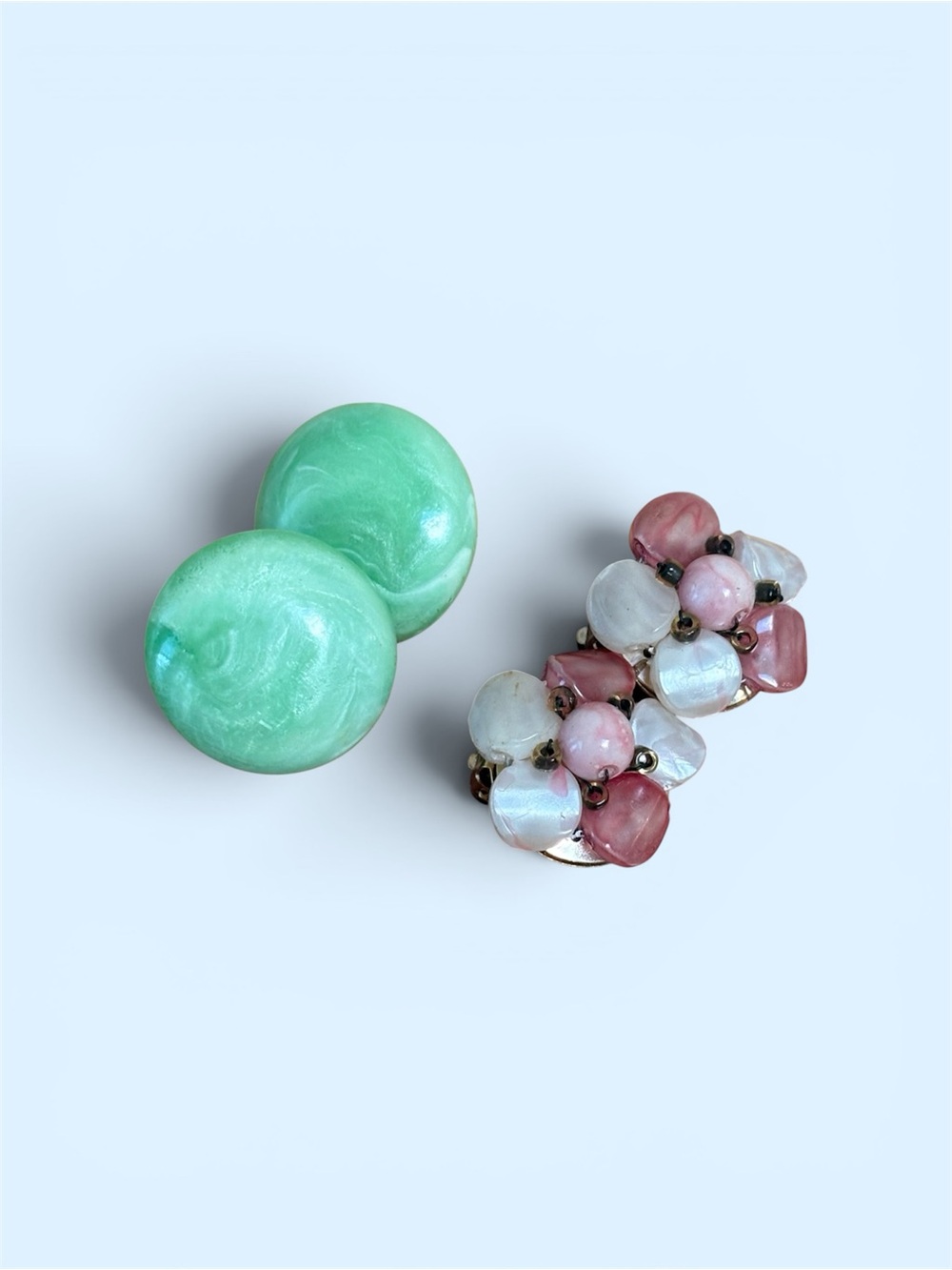 2 Pair Vintage Clip-On Earrings, Pink & Green, Hong Kong